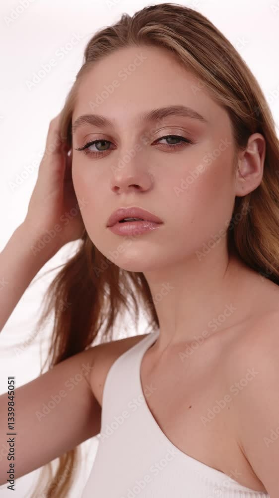 Beautiful woman in white top, blonde hair and neat makeup poses for the camera. Beauty face. Beautiful woman in white top, blonde hair and neat makeup poses for the camera. Beauty face.