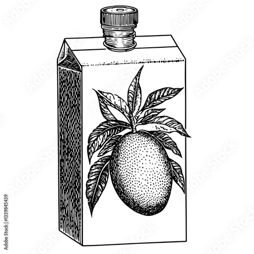 Detailed engraved illustration of a vintage juice box featuring a ripe mango and lush leaves in a premium hand-drawn style