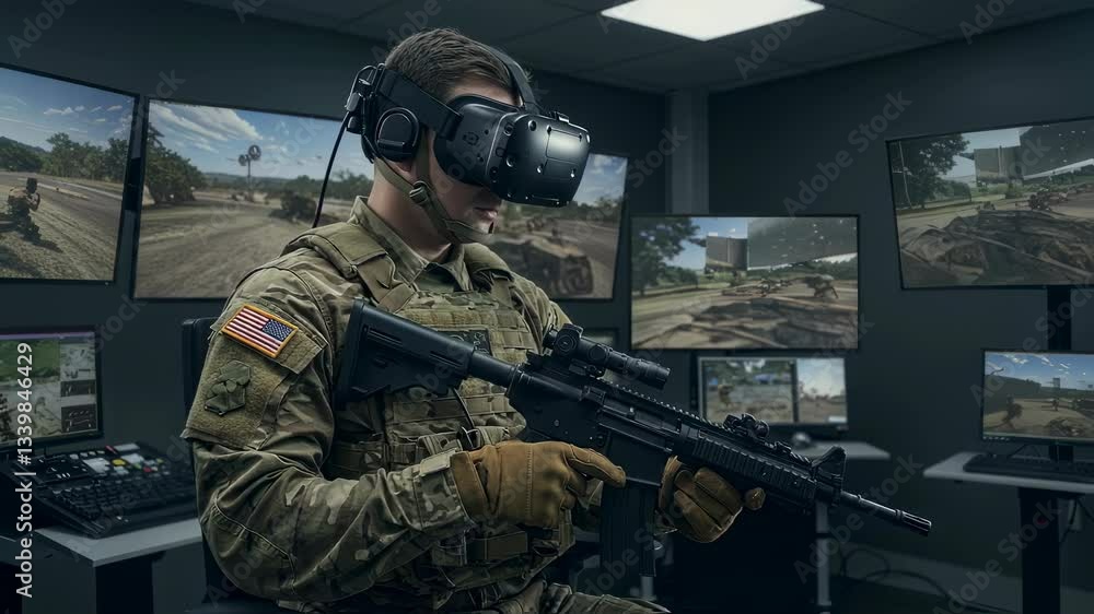 Soldier in vr training simulation with rifle clip. Army technology motion picture. Caucasian man wears vr headset playing game. Military simulation footage. Soldier in vr training simulation with rifle clip. Army technology motion picture. Caucasian man wears vr headset playing game. Military simulation footage.