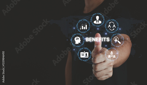 Employee wellbeing benefits, wellness mental health balance of employees. Company benefits compensation package with health insurance and bonus. Positive work culture employee engagement. HR business.