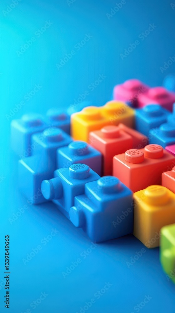 Colorful plastic building blocks arranged on a vibrant blue background Colorful plastic building blocks arranged on a vibrant blue background