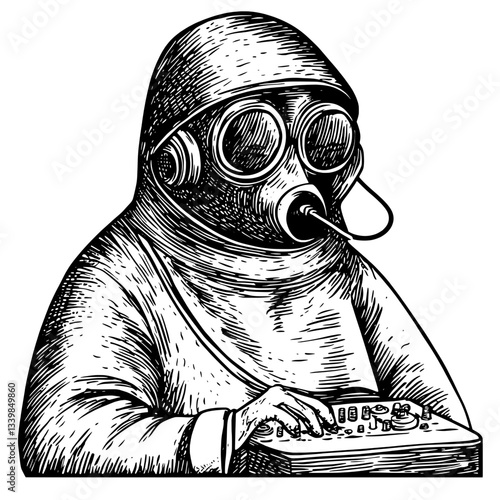 Intricate engraved illustration of a masked figure engaged in a vintage technological activity