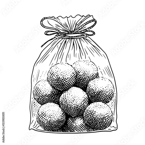 Engraved illustration of a vintage bag filled with hand-drawn spherical objects in monochrome style