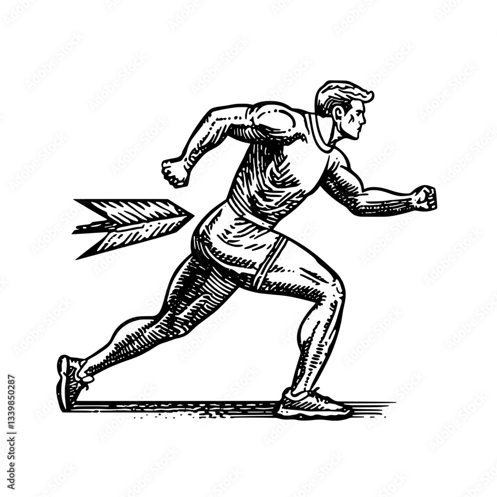 Fototapeta premium Dynamic vintage illustration of a man sprinting with determination towards an unseen finish line, capturing the spirit of athleticism and movement