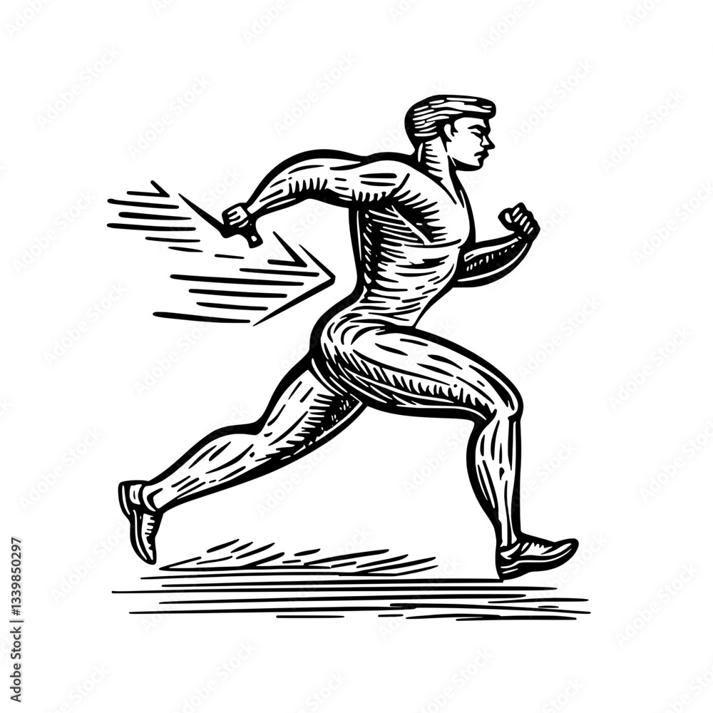 Obraz premium Dynamic illustration of a runner in motion, capturing the essence of speed and athleticism with intricate engraved details