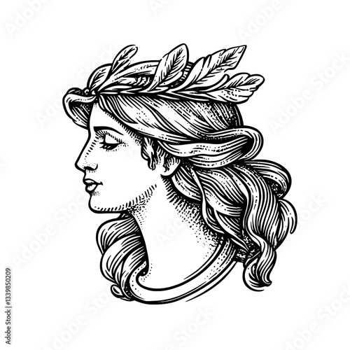 Engraved illustration of a vintage female figure with a laurel crown, showcasing detailed hand-drawn artistry and classic aesthetics