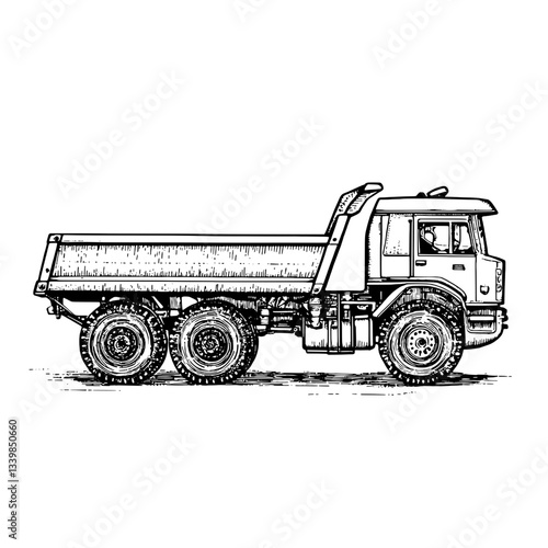 Detailed engraving of a vintage dump truck showcasing its robust design and mechanical features in classic black and white