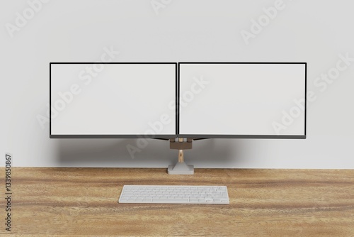 Two screen computer monitor setup on a white background. Curved screen computer monitor with free space. New generation desktop setup 