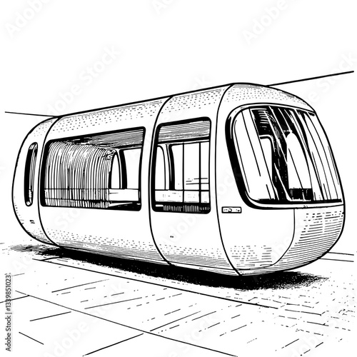 Engraved illustration of a vintage design capsule-shaped transport station conveying innovation in mobility architecture