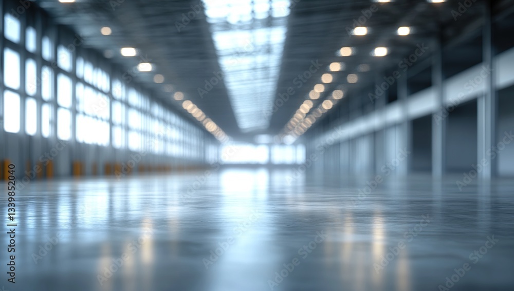Exploring Modern Warehouse Design: Spacious Interior with Bright Lighting and Polished Concrete Floor, Reflecting Architectural Excellence. Exploring Modern Warehouse Design: Spacious Interior with Bright Lighting and Polished Concrete Floor, Reflecting Architectural Excellence.