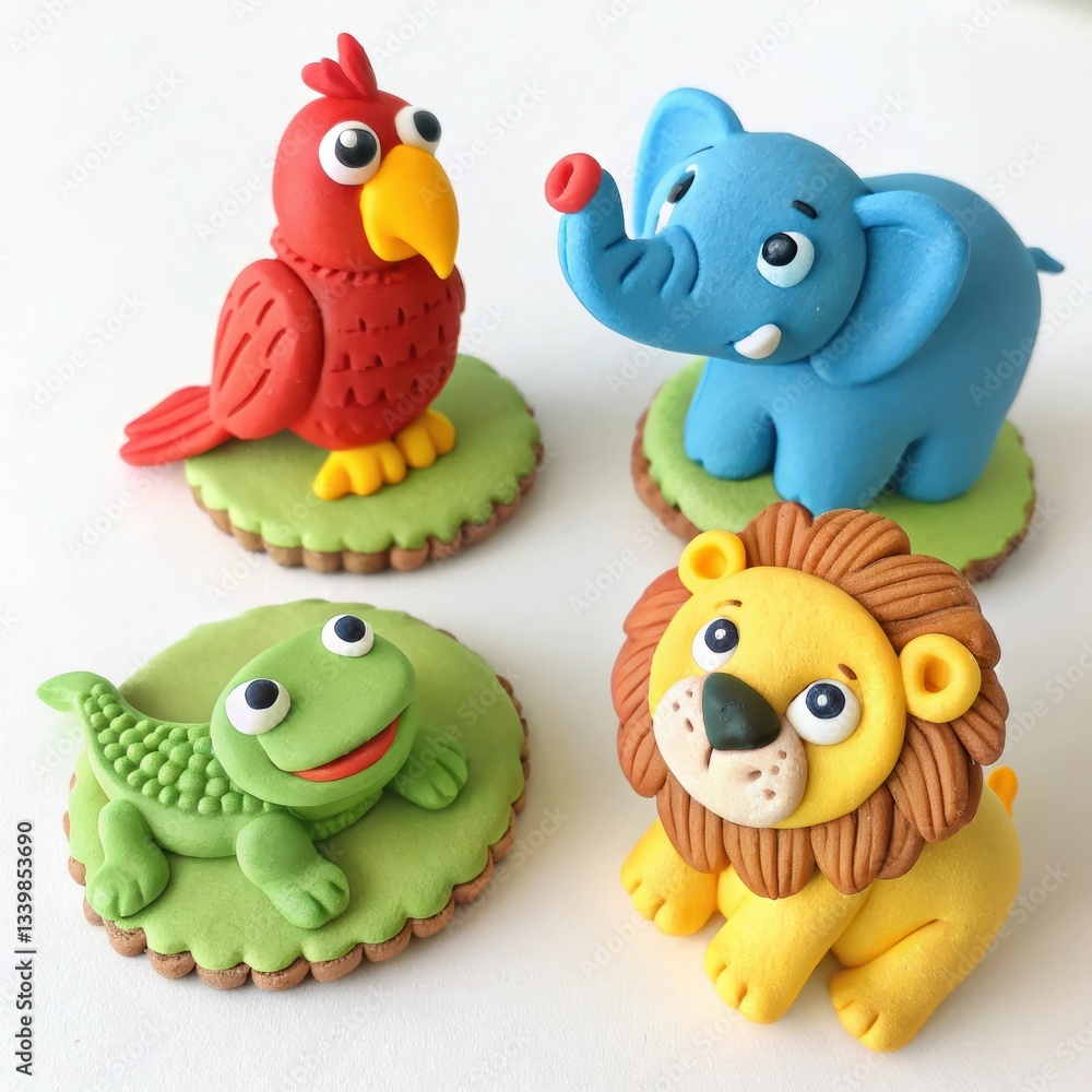 Fototapeta premium Colorful animal figurines including a parrot, elephant, crocodile, and lion displayed on a light background