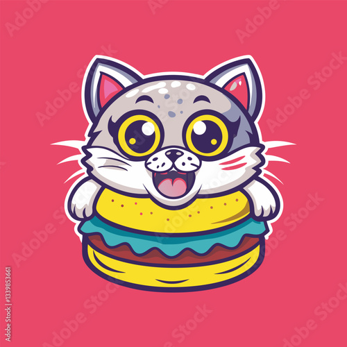 Burger-Eating Cat Mascot Cartoon with Vector Logo Illustration Design