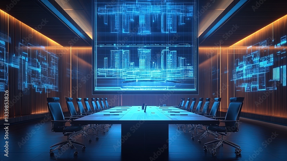 A glowing holographic blueprint of an industrial complex displayed in a meeting room, precise and futuristic A glowing holographic blueprint of an industrial complex displayed in a meeting room, precise and futuristic