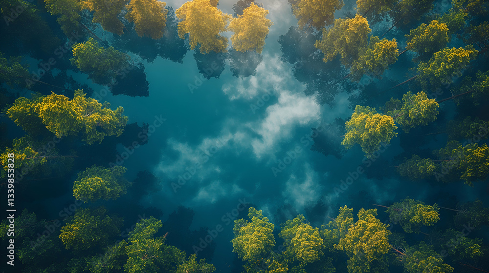 Naklejka premium Aerial Forest Lake Teal Green Trees, Summer Landscape with Peaceful Scenery