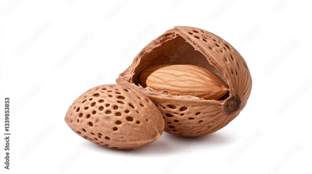 Close-up of two almonds, one shelled revealing its kernel, isolated on a white background. High-quality image showcasing the detail and texture of the nut. Close-up of two almonds, one shelled revealing its kernel, isolated on a white background. High-quality image showcasing the detail and texture of the nut.