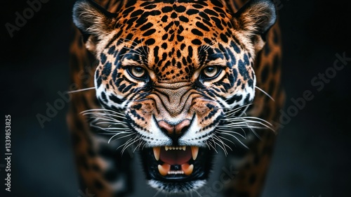 A fearsome jaguar growling and showing its sharp teeth aggressively