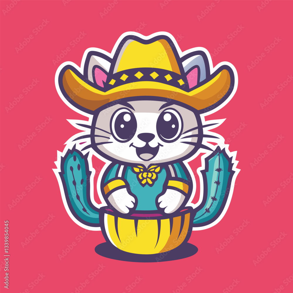 Naklejka premium Cute and Whimsical Vector Logo of a Cactus-Shaped Cat Mascot