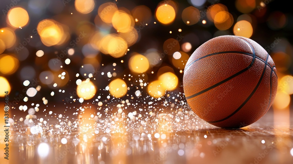 A basketball sits on wooden surface with glowing background lights A basketball sits on wooden surface with glowing background lights