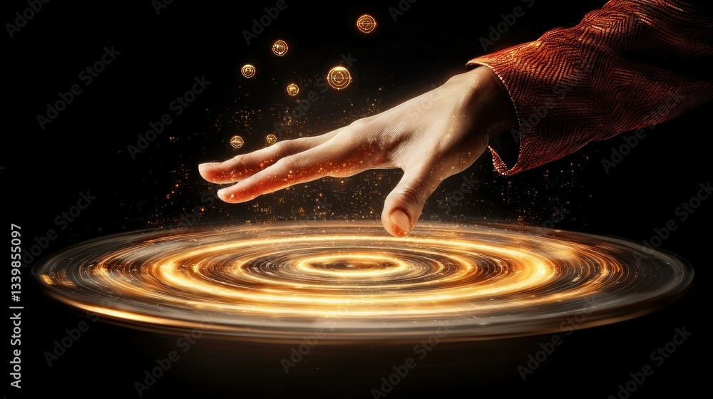 Obraz premium A hand reaching over glowing circular energy formations in the dark