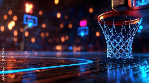 A basketball hoop and court illuminated with glowing neon lights