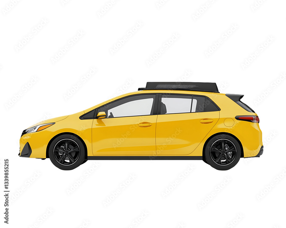 Side View of Yellow Compact Car With Roof Rack on Transparent Background, PNG Side View of Yellow Compact Car With Roof Rack on Transparent Background, PNG