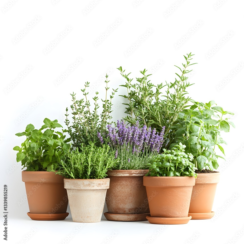 Collection of assorted herbs in terracotta pots Collection of assorted herbs in terracotta pots