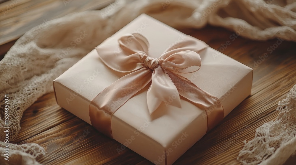 Elegant Valentine's gift box tied with a silk ribbon, rustic wooden table background, heart decor, romantic warm tones Elegant Valentine's gift box tied with a silk ribbon, rustic wooden table background, heart decor, romantic warm tones