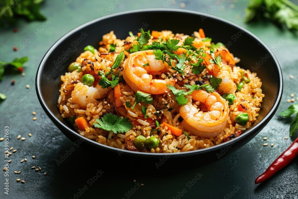 Teppanyaki Fried rice with shrimp vegetables fresh herbs and seasonings in dark bowl. Teppanyaki Fried rice with shrimp vegetables fresh herbs and seasonings in dark bowl.