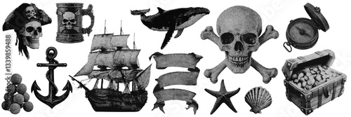 Set of pirate halftone grunge vector design elements