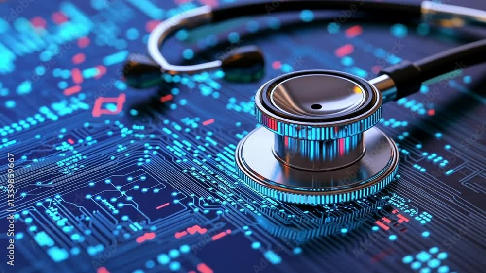 Stethoscope on Circuit Board Background Illustrating Health Tech Stethoscope on Circuit Board Background Illustrating Health Tech
