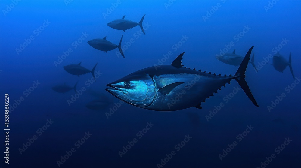Naklejka premium Several large fish swimming together underwater in deep ocean water