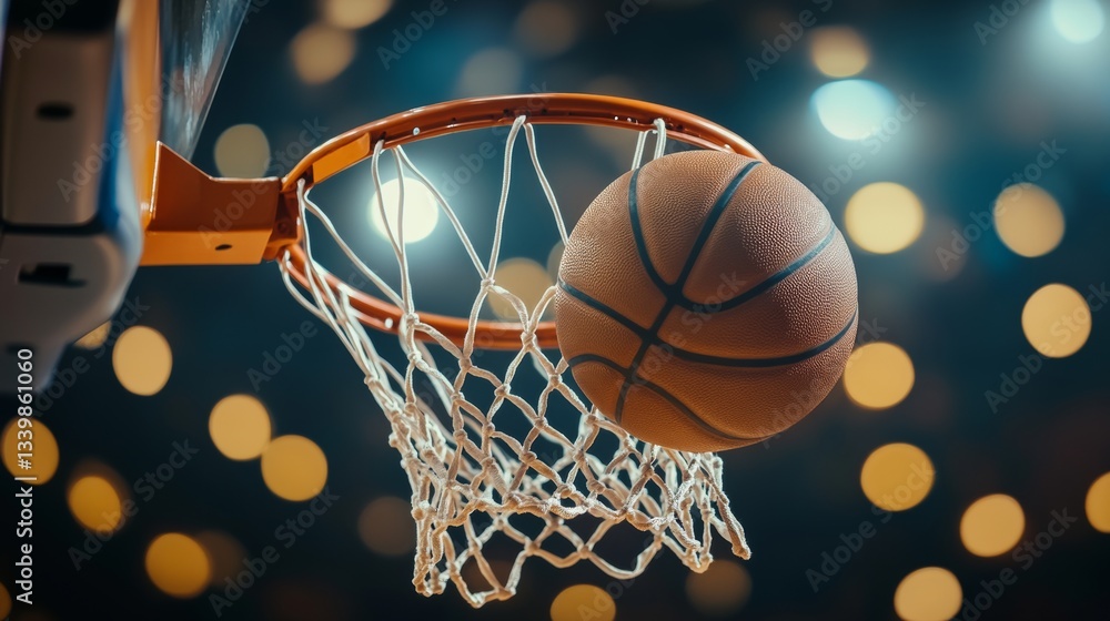 Basketball ball going towards the net in a basketball hoop, with a blurred background.
Basketball ball going towards the net in a basketball hoop, with a blurred background.