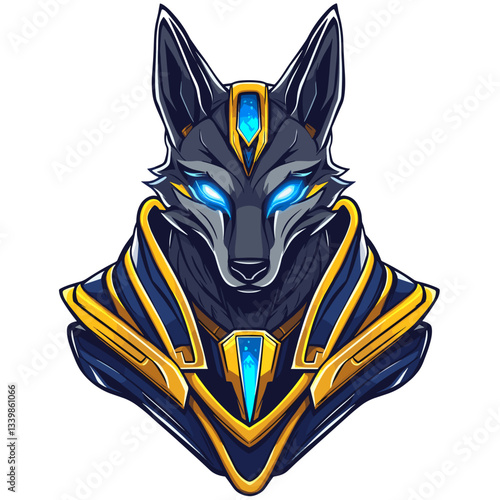 E-sports logo featuring a mythical jackal god adorned with glowing golden accents