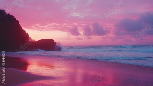 A beautiful sunrise paints the sky over the sandy seashore