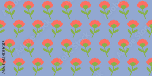 Red flower on blue background seamless pattern. 