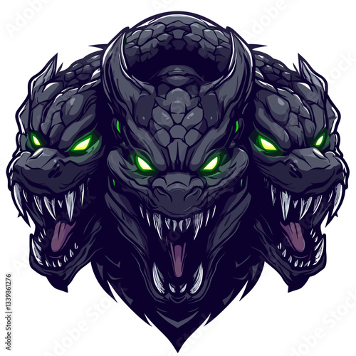 Dynamic esports logo featuring a monstrous three-headed hydra in dark armor with striking green eyes for a powerful impression