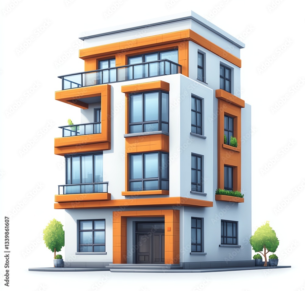 Obraz premium Viewing Modern Apartment Building with Balconies and Trees on White Background