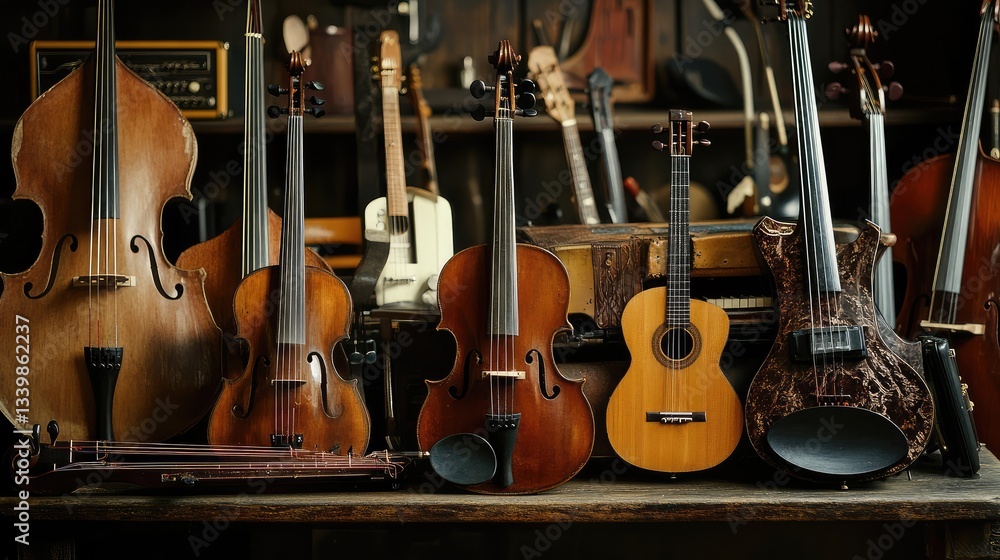 Naklejka premium A Collection of Stringed Instruments, Including a Double Bass, Violins, and a Guitar