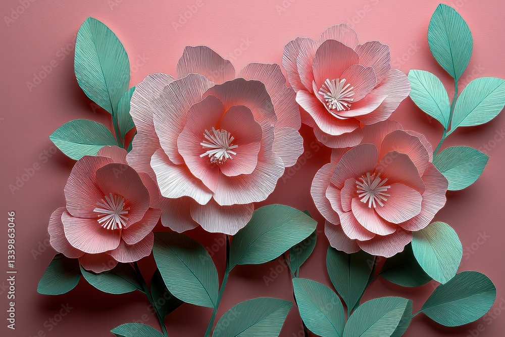 Fototapeta premium Delicate Pink Rose Petals Among Green Leaves for Decorative Craft Use