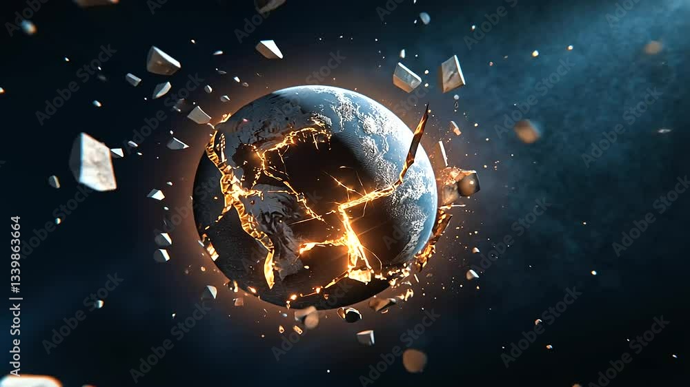 A fractured Earth splitting into floating shards, each piece drifting apart, reflecting political division, war, and societal breakdown.