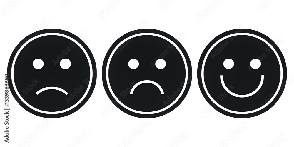 Fototapeta premium PNG emoji mood Icons: A trio of monochrome smiley face icons representing various emotions.