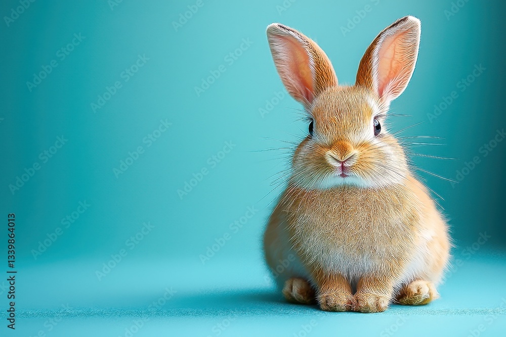 Fototapeta premium Easter Stuffed Rabbit and Bunny Toy with Blue Pastel Tablecloth Background