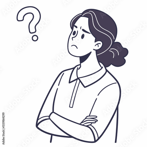 Skeptical woman, doubt and distrust expression. Discontent annoyed female with frowning face. Sceptic doubtful person looking with disbelief. Flat vector illustration isolated on white background