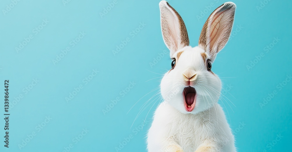 Obraz premium White rabbit with a shocked expression on a blue background.