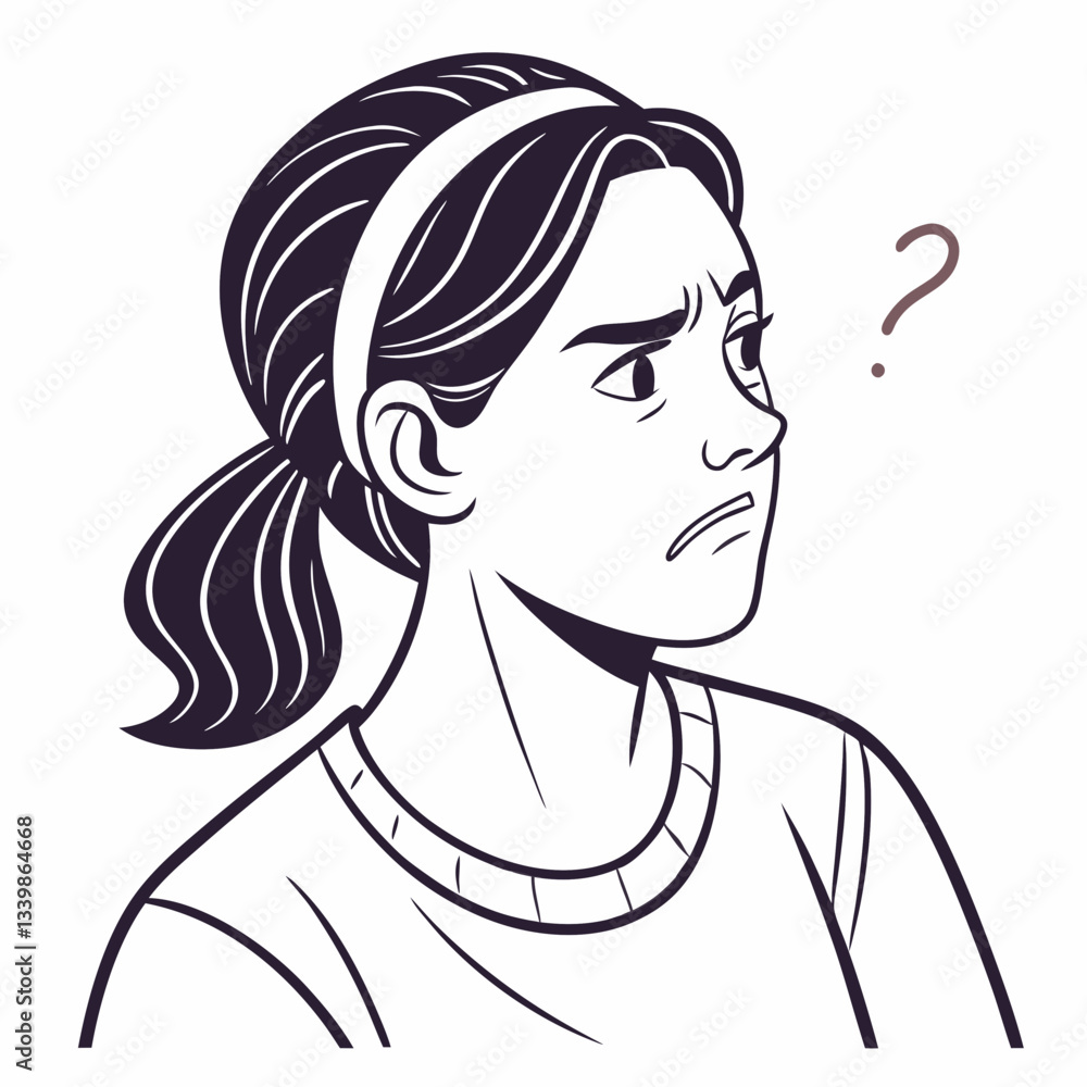 Skeptical woman, doubt and distrust expression. Discontent annoyed female with frowning face. Sceptic doubtful person looking with disbelief. Flat vector illustration isolated on white background Skeptical woman, doubt and distrust expression. Discontent annoyed female with frowning face. Sceptic doubtful person looking with disbelief. Flat vector illustration isolated on white background