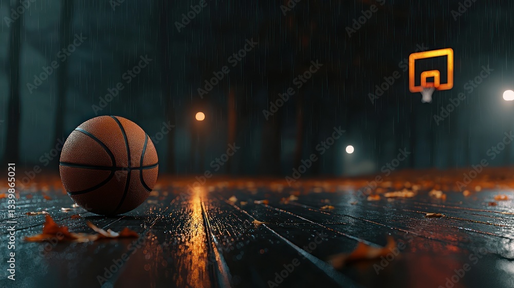 A basketball and hoop scene on a wet court in the evening A basketball and hoop scene on a wet court in the evening