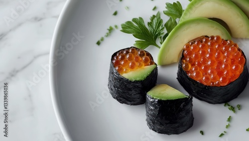 Wallpaper Mural Avocado & caviar sushi rolls on plate, marble background, food photography Torontodigital.ca