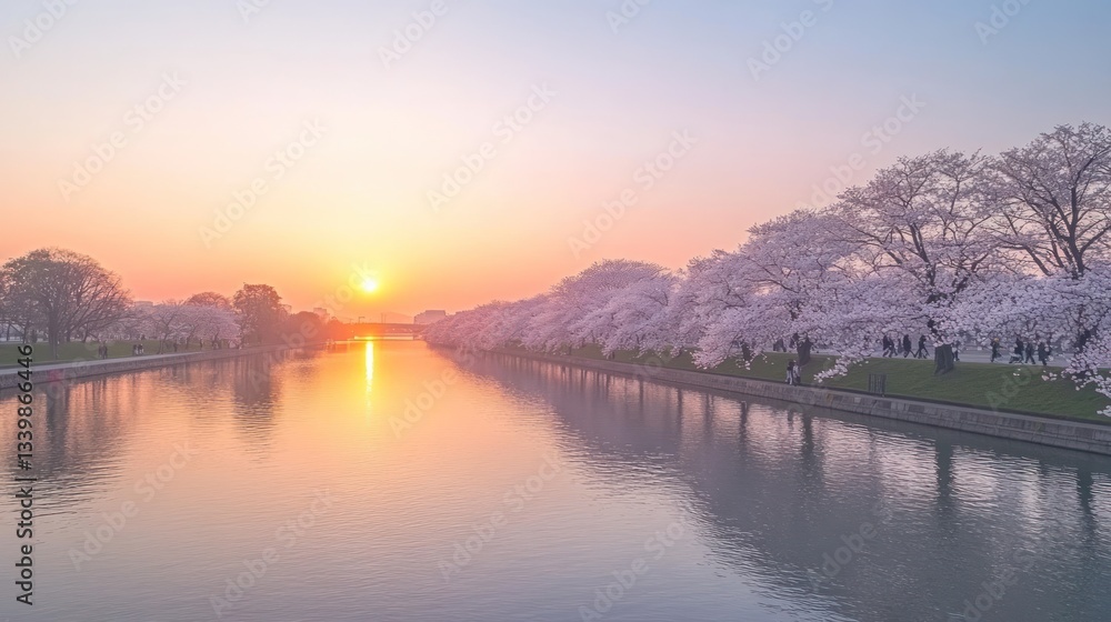 Fototapeta premium Serene Sunrise over Cherry Blossom Canal
