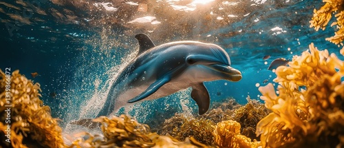 Dynamic Dolphin in Blue Ocean Swimming with School of Fish and Coral Reef near Tropical Aquarium