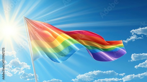 Rainbow flag waving in sunny blue sky symbolizing pride